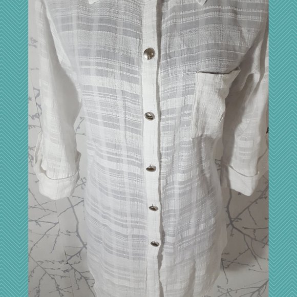 Donna White Sheer Checks Button Front Shirt Dress - Picture 2 of 5